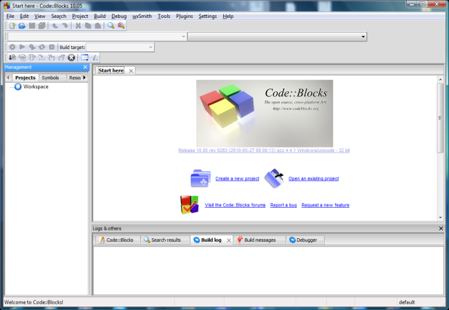 A Code::Blocks nyitó képernyője.