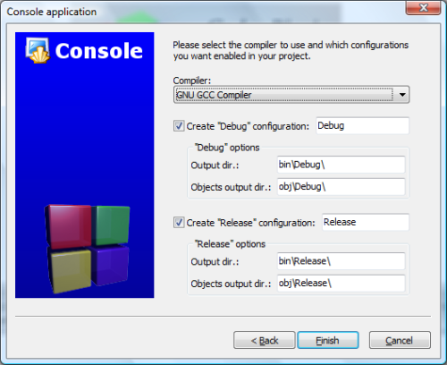 A Code::Blocks konzolalkalmazás projekt második paraméterező ablaka.